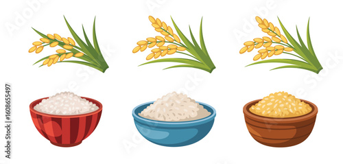 Collection of healthy rice grains and flour in bowls with rice plants