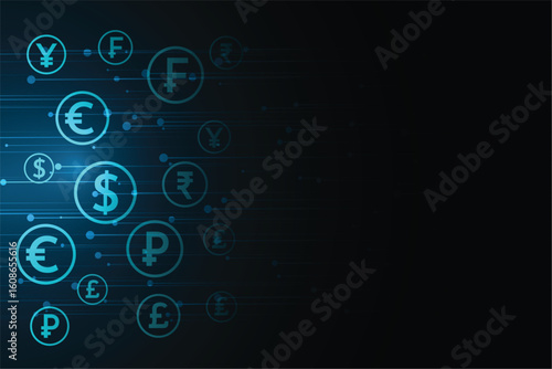collection of digital currency sign background with text space
