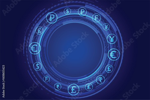 set of digital foreign currency sign background with circuit diagram