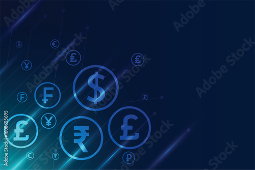 glowing international money symbol tech background design