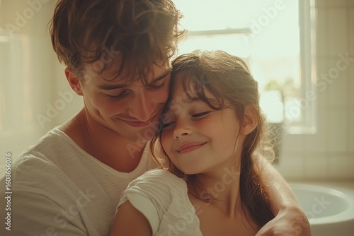 Free Download Young family with a small daughter sharing a hug in the bathroom at home, showcasing family bonding and love in an intimate, everyday setting, Generative AI - GFXLoad