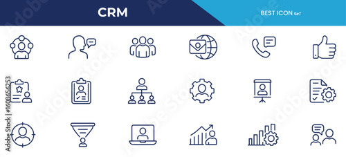 Customer Relationship Management (CRM) Line Icons Pack – Modern & Professional Vector Icons for Business, Sales, and Marketing Tools