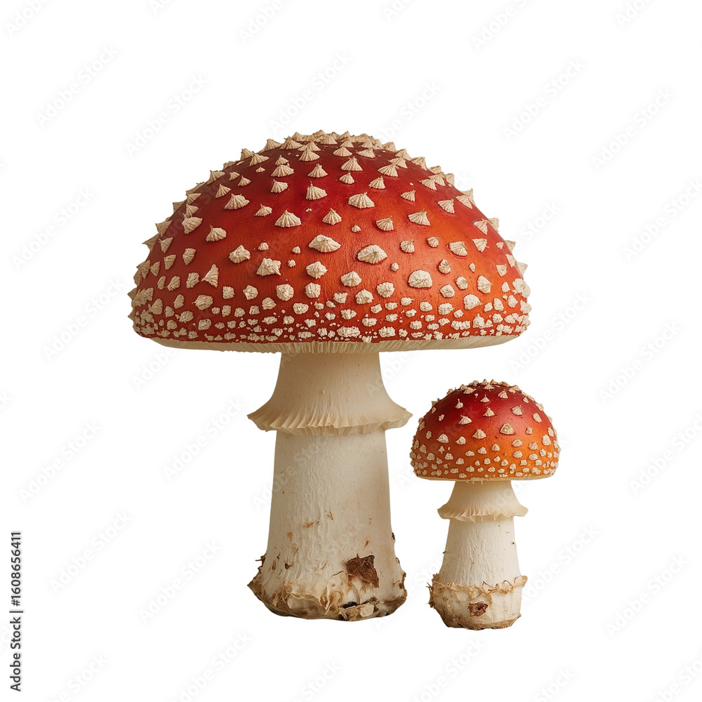 Amanita Muscaria Duo Distinctive Red and White Fungi Isolated Against Plain Field Amanita Muscaria Duo Distinctive Red and White Fungi Isolated Against Plain Field