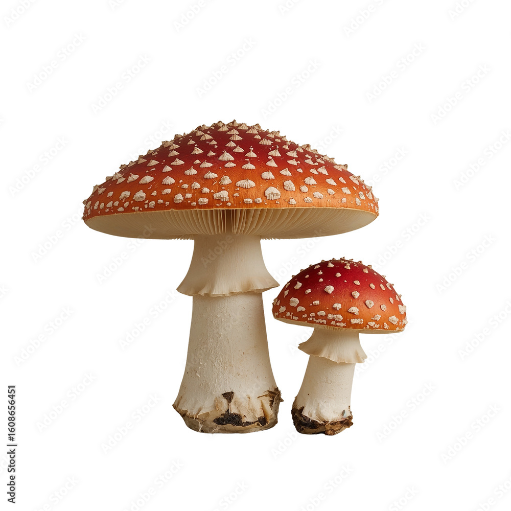 Crimson fungi duo, poised in isolation, unveils nature's exquisite fungal artistry on transparent Crimson fungi duo, poised in isolation, unveils nature's exquisite fungal artistry on transparent