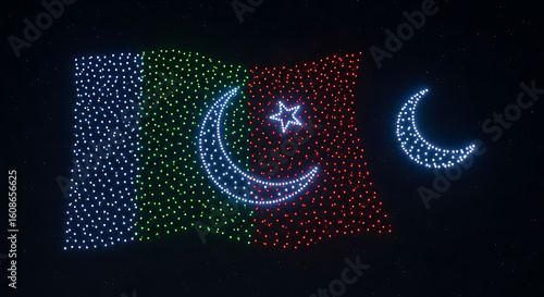 Drone light show forming a flag with a crescent moon and star against a dark night sky