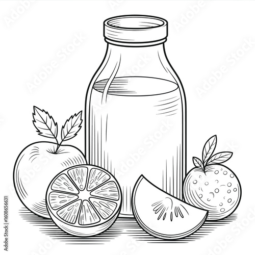 Hand drawn sketch of a glass bottle filled with juice surrounded by fresh apples and oranges