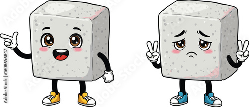 Cute cement block cartoon characters showing happy and sad emotions with peace signs and expressive facial gestures for fun designs