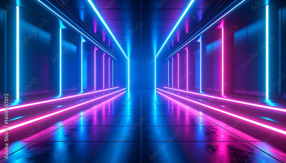 Fototapeta premium Neon tunnel with reflective floor