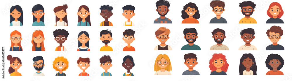 Fototapeta premium Collection of diverse cartoon character avatars in flat design style. Perfect for profiles, user interfaces, and social media illustrations