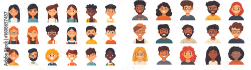 Collection of diverse cartoon character avatars in flat design style. Perfect for profiles, user interfaces, and social media illustrations
