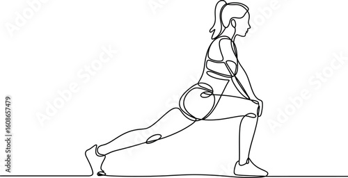 Woman performing a lunge stretch in a sketch style