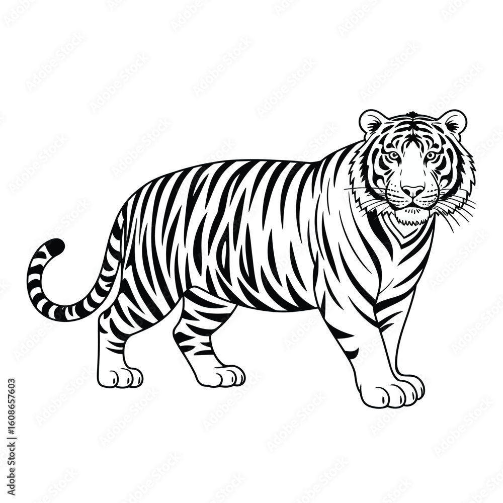 Naklejka premium Black and white illustration of a majestic tiger standing in profile on a white background