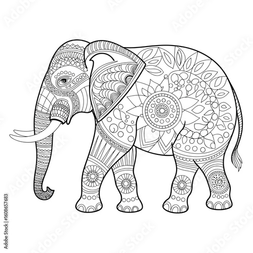 Intricate line art elephant with detailed patterns and mandala designs for coloring