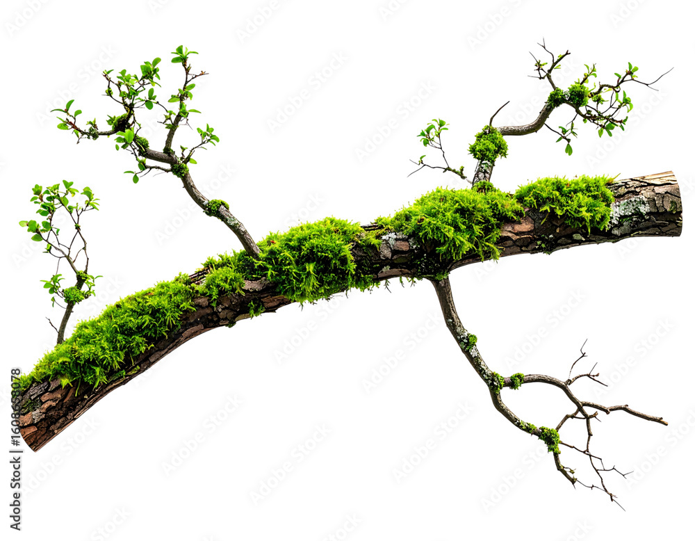 Fototapeta premium Moss-Covered Tree Branch Isolated on White Background PNG
