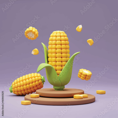 An illustrative cartoon of corn cobs and kernels are creatively displayed on a two-tiered wooden platform against a gradient purple background.