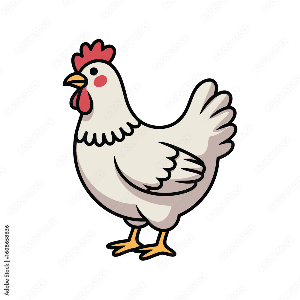 Fototapeta premium Cute cartoon illustration of a white hen standing on a white background