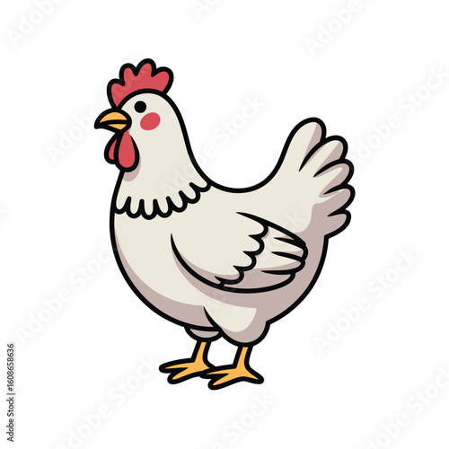 Cute cartoon illustration of a white hen standing on a white background