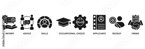 Job fair icon set vector illustration concept relate to employee recruitment and onboarding program with an icon of the information, advice, skills, occupational, applicants, recruit, and hiring