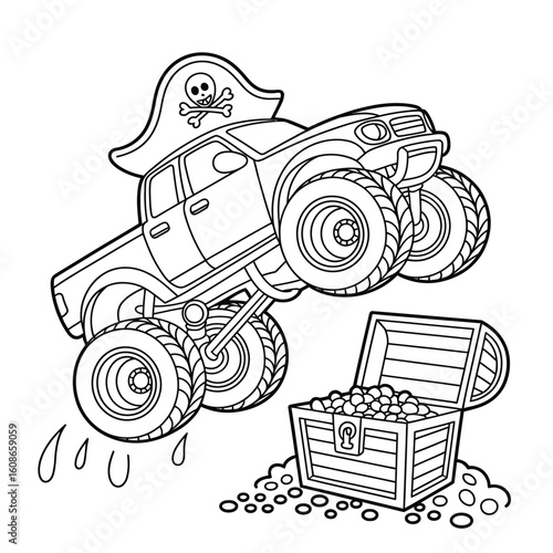 Monster truck dressed as a pirate with a treasure chest and gold coins