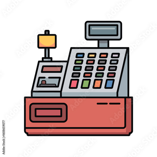 Retro style illustration of a vintage cash register with a display screen and keyboard