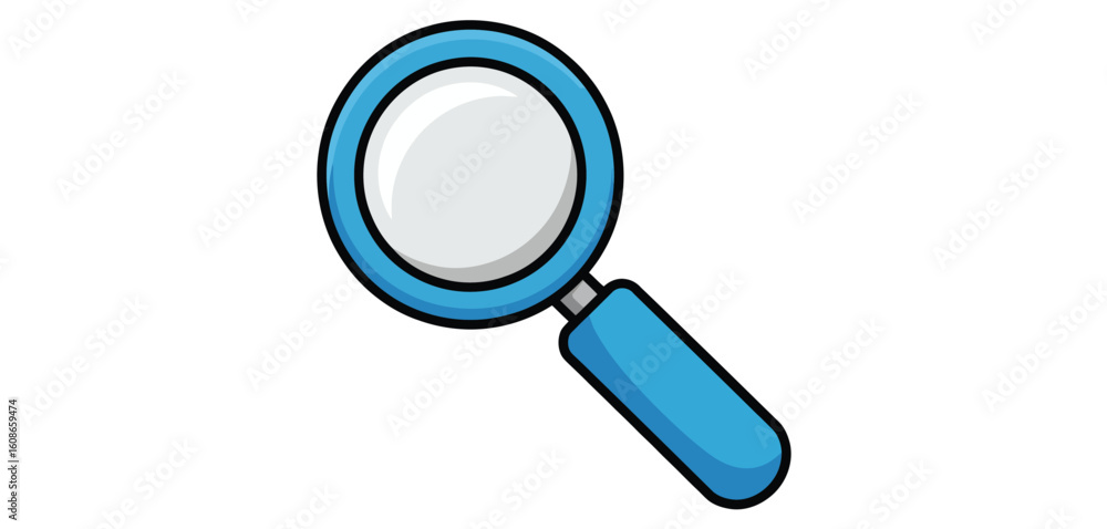 Cartoon illustration of a blue magnifying glass on a white background Cartoon illustration of a blue magnifying glass on a white background