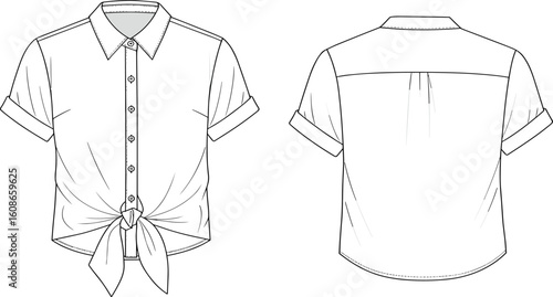 Short sleeve button up shirt, fashion flat sketch, tie front shirt design, vector apparel illustration, CAD drawing, stylish garment