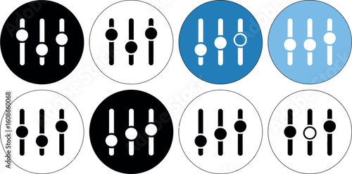 Set of audio mixer sliders and faders in different colors