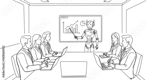 Robot presenting analytics to business team during meeting in futuristic conference room using AI and modern technology tools