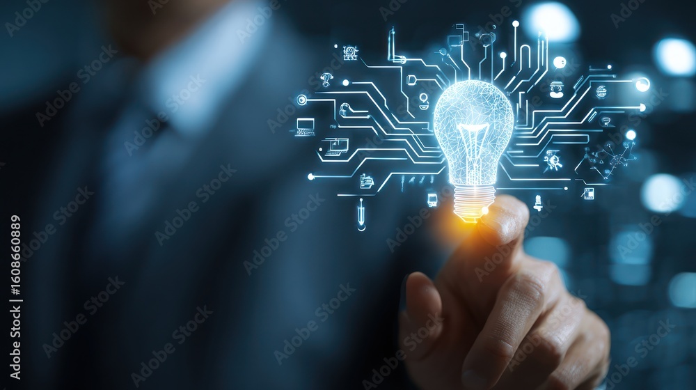 A man points towards a bright, glowing lightbulb surrounded by circuit board graphics A man points towards a bright, glowing lightbulb surrounded by circuit board graphics