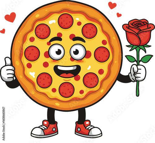 Smiling cartoon pepperoni pizza character with red sneakers holding a rose and spreading love with hearts and thumbs up