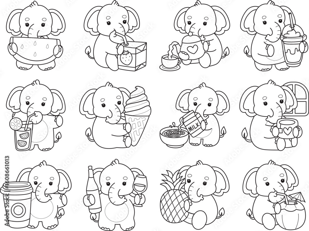Fototapeta premium Cute Elephant icon. Funny baby Elephant animal series stock illustration. Life of fluffy Elephant designs. Coloring pages of Funny baby Elephant.