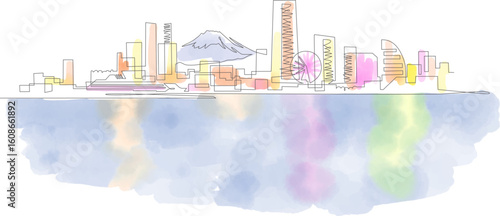 Landscape overlooking Minato Mirai 21 and Mt. Fuji painted with a single stroke and watercolors. Yokohama, Japan