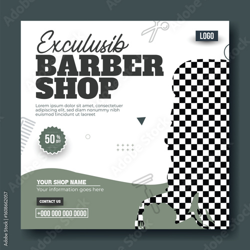 Modern Barber Shop Promotion Template with Checkerboard Silhouette and 50 Percent Off
