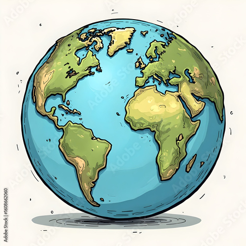 Illustrated Earth Globe Showing Continents and Oceans on White Background