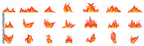 Red and orange cartoon flames burning with large flames creating a fiery border against a white background, perfect for representing heat, danger, or excitement. vector illustration