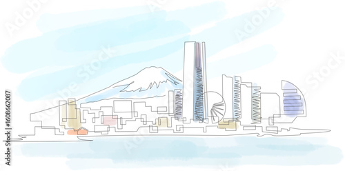 Landscape overlooking Minato Mirai 21 and Mt. Fuji painted with a single stroke and watercolors. Yokohama, Japan