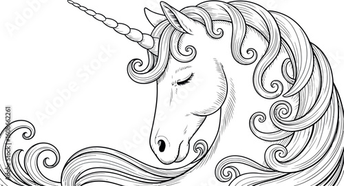 Elegant unicorn head with flowing mane and horn