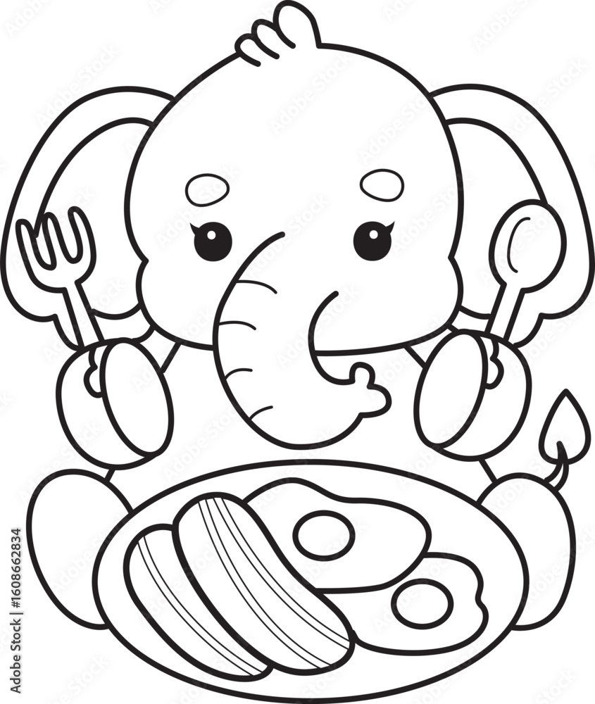 Fototapeta premium Cute Elephant icon. Funny baby Elephant animal series stock illustration. Life of fluffy Elephant designs. Coloring pages of Funny baby Elephant.