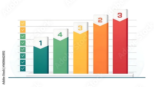 Five colorful bar chart with numbers and checkmarks
