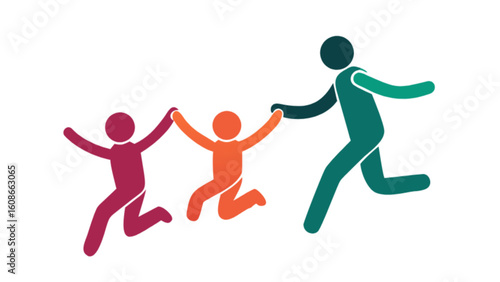 Family fun run vector illustration showing happy children and parent running together for exercise and health