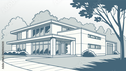 Modern house architecture design with trees and driveway vector illustration for real estate concept