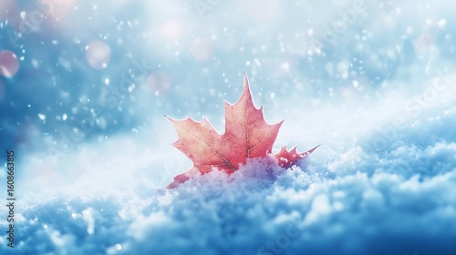Soft focus maple leaf half submerged in fluffy snow