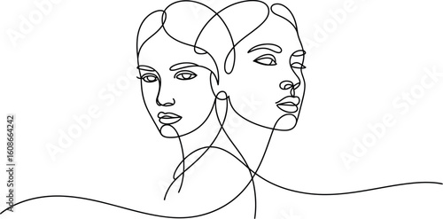 Abstract continuous line drawing of two facing female profiles