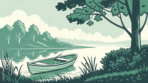 Lake scene with rowboat and trees vector illustration for summer outdoor recreation and nature concept