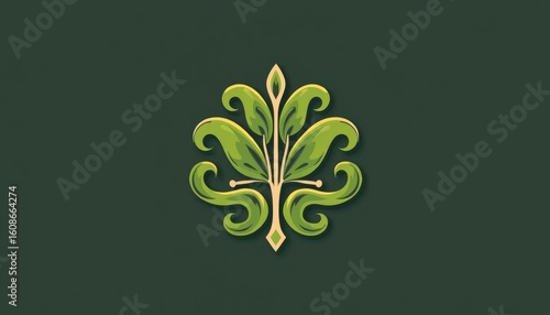 Elegant Green Leafy Swirl Emblem with Subtle Yellow Accents on Dark Green Background