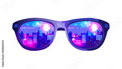 Retro sunglasses reflecting vibrant cityscape at night vector illustration graphic design for fashion and style
