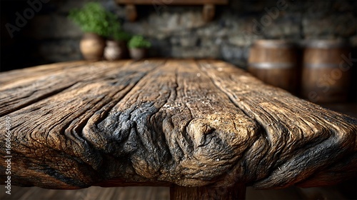 Wallpaper Mural Close-up shot of a reclaimed wood table with prominent grain patterns and subtle dust particles, captured in high resolution for a realistic texture. Soft shadows and copy space. Torontodigital.ca