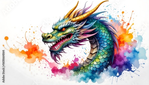 Colorful dragon head, watercolor style