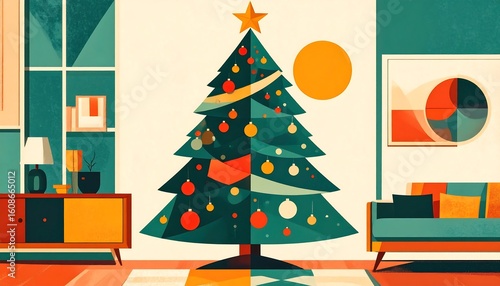 Mid-century modern living room with decorated Christmas tree