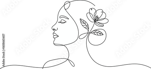Elegant single line drawing of a woman with a flower in her hair